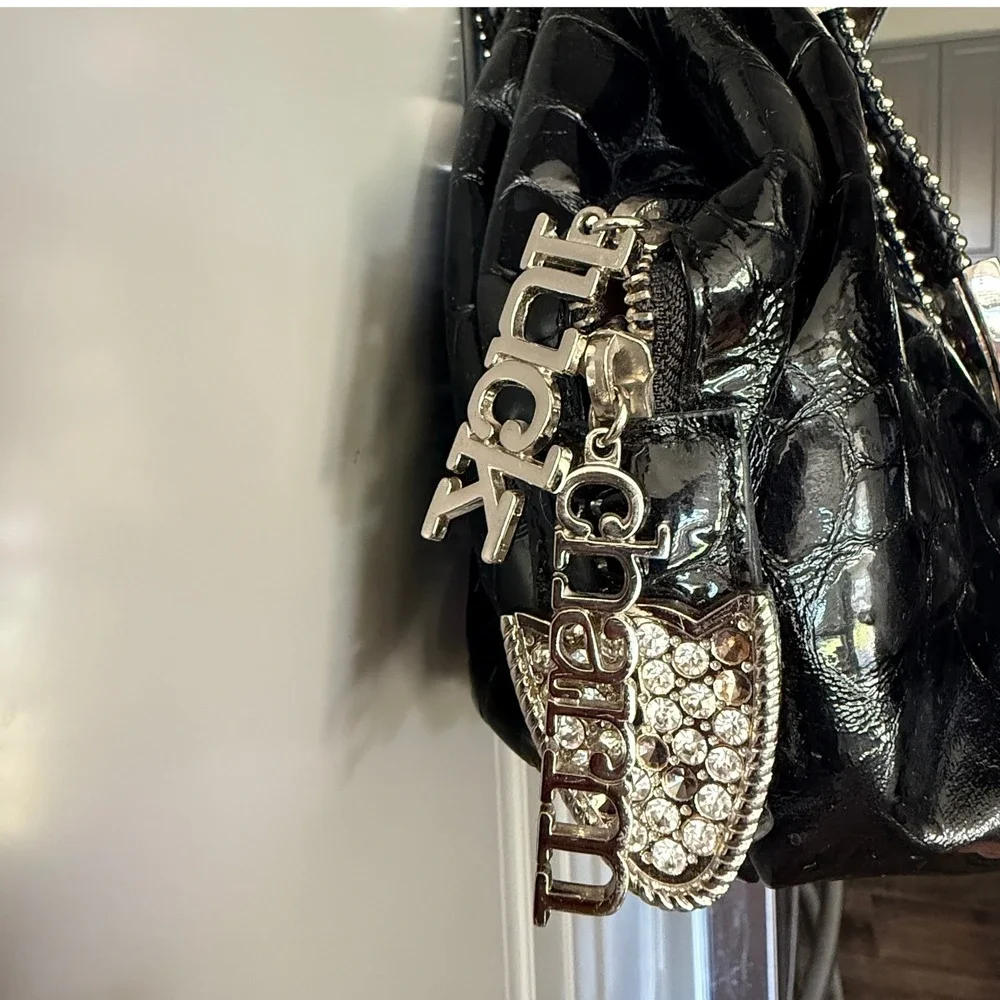 Charm and Luck Y2K Black Rhinestone Buckle Patent Croc Satchel Bag, Medium